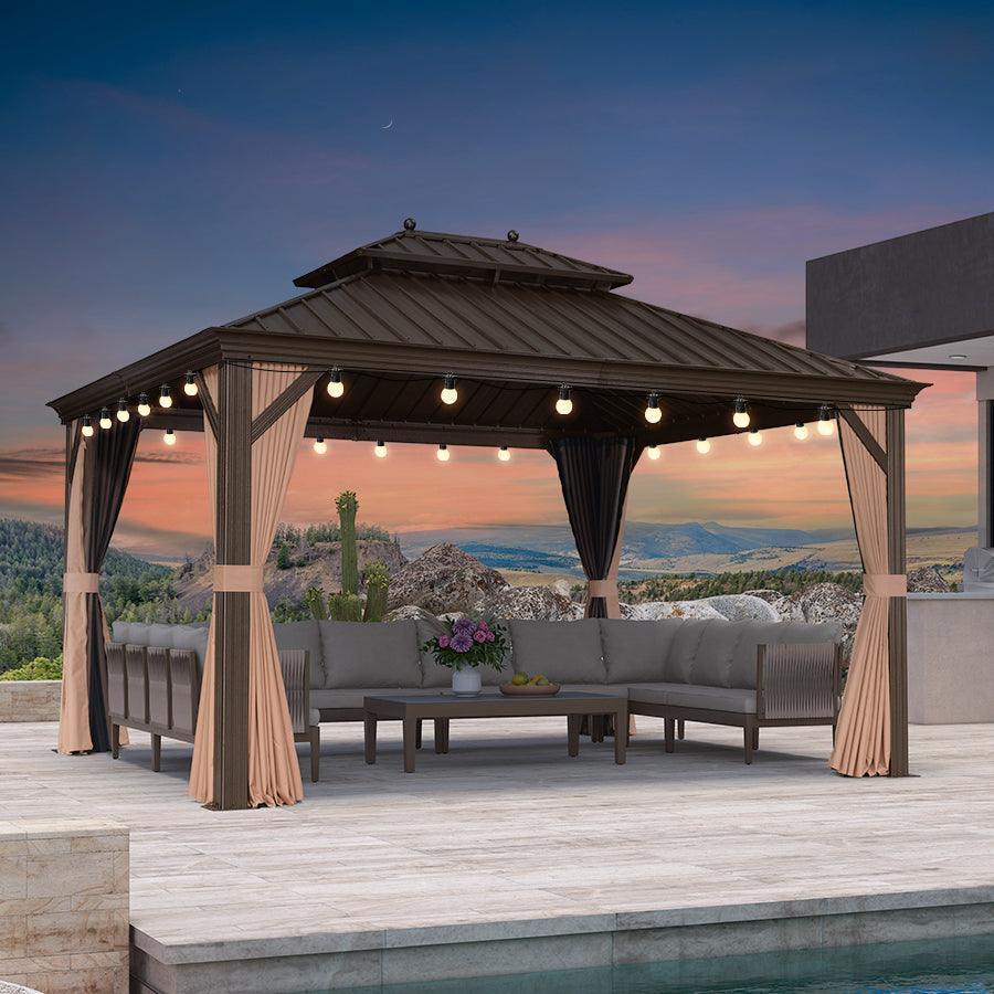 PURPLE LEAF Outdoor Hardtop Gazebo for Garden Bronze Double Roof Aluminum Frame Pavilion with String Lights-milky - Image 80