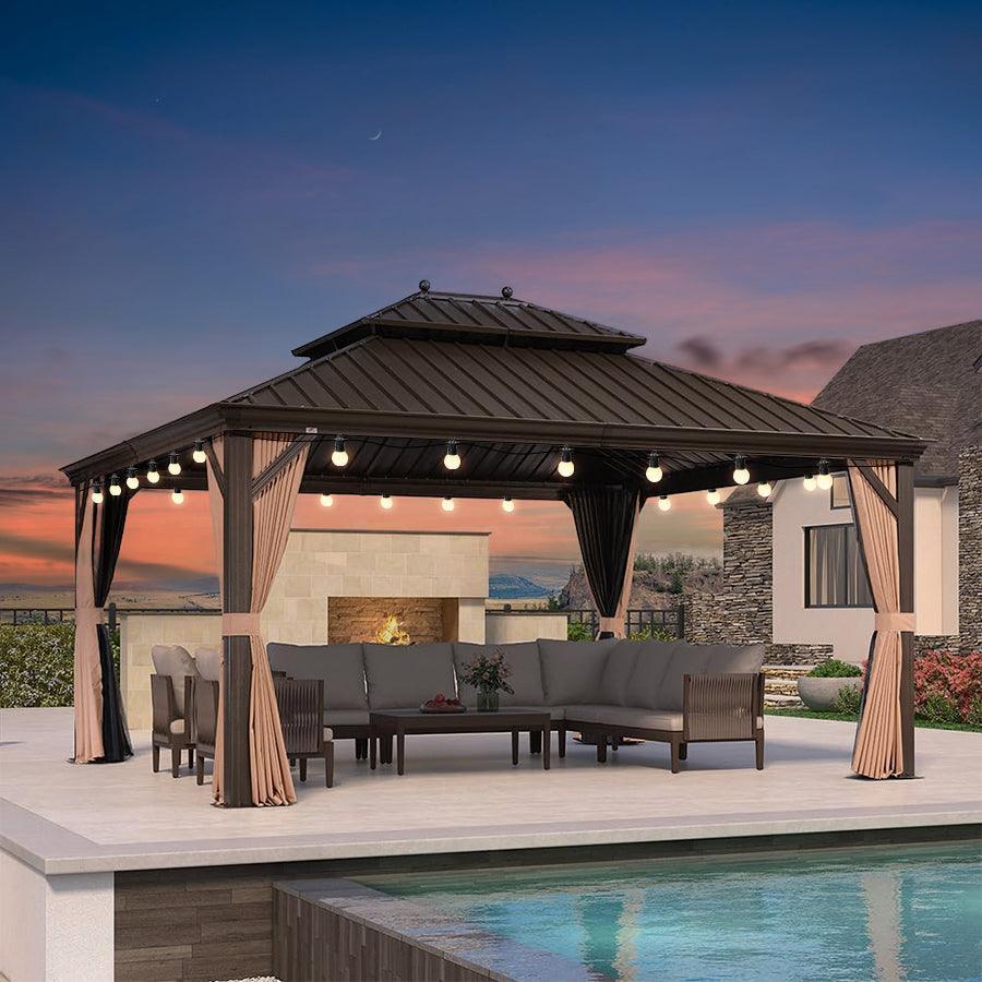 PURPLE LEAF Outdoor Hardtop Gazebo for Garden Bronze Double Roof Aluminum Frame Pavilion with String Lights-milky - Image 83