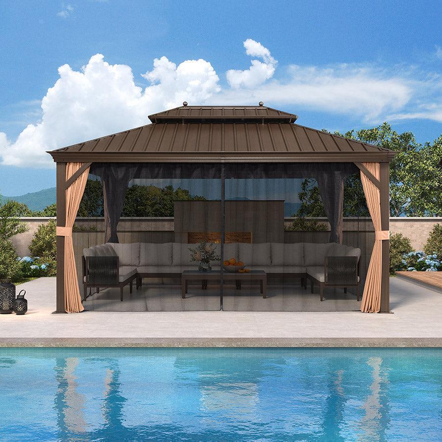 PURPLE LEAF Outdoor Hardtop Gazebo for Garden Bronze Double Roof Aluminum Frame Pavilion with String Lights-milky - Image 84