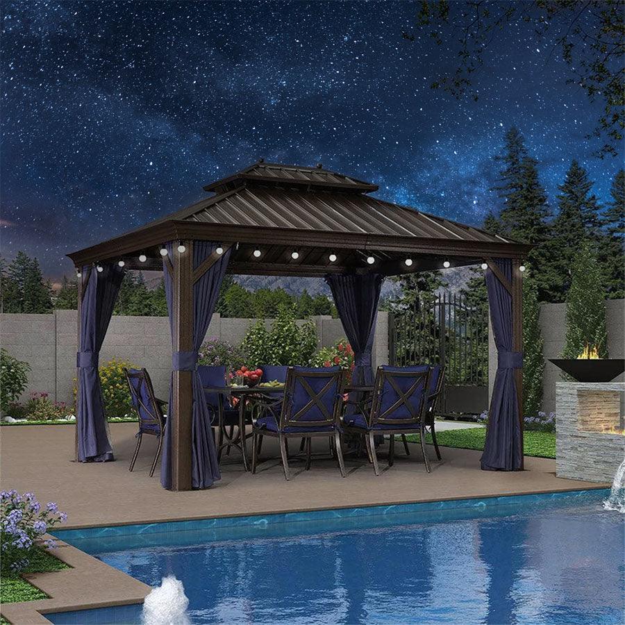 PURPLE LEAF Outdoor Hardtop Gazebo for Patio Bronze Aluminum Frame Pavilion with Navy-Blue Curtain and String Lights-milky - Image 109