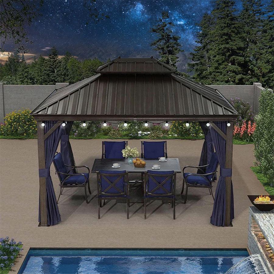 PURPLE LEAF Outdoor Hardtop Gazebo for Patio Bronze Aluminum Frame Pavilion with Navy-Blue Curtain and String Lights-milky - Image 110