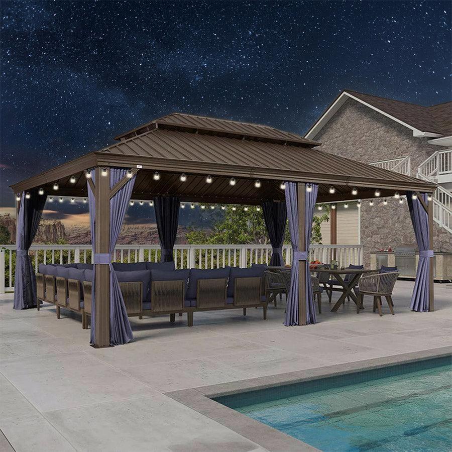 PURPLE LEAF Outdoor Hardtop Gazebo for Patio Bronze Aluminum Frame Pavilion with Navy-Blue Curtain and String Lights-milky - Image 111