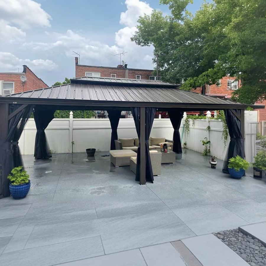 PURPLE LEAF Outdoor Hardtop Gazebo for Patio Bronze Aluminum Frame Pavilion with Navy-Blue Curtain and String Lights-milky - Image 112