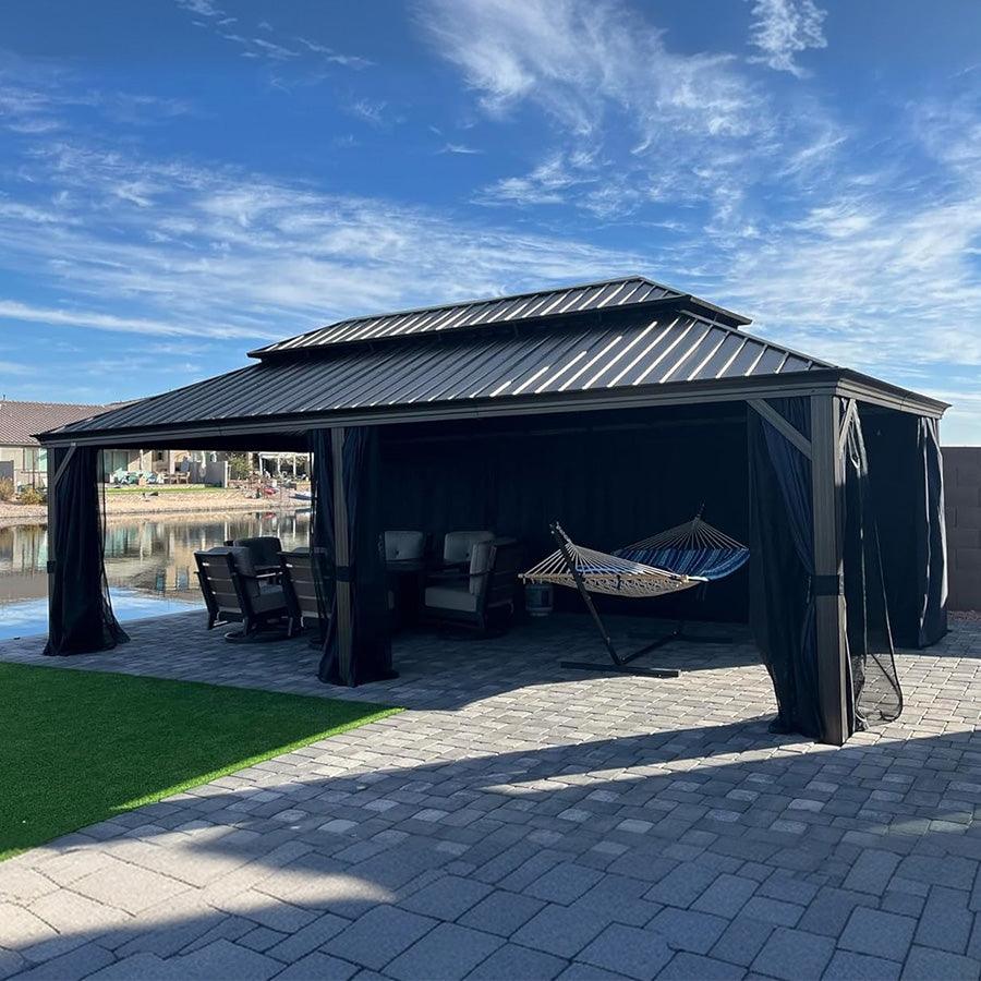 PURPLE LEAF Outdoor Hardtop Gazebo for Patio Bronze Aluminum Frame Pavilion with Navy-Blue Curtain and String Lights-milky - Image 114