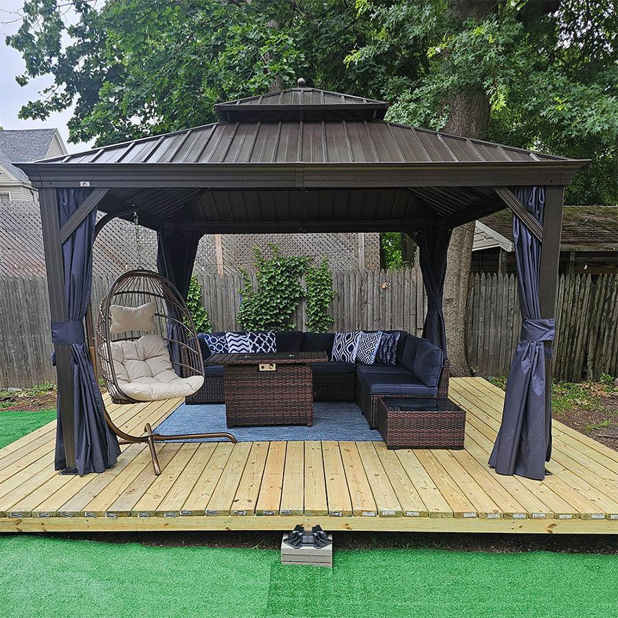 PURPLE LEAF Outdoor Hardtop Gazebo for Patio Bronze Aluminum Frame Pavilion with Navy-Blue Curtain and String Lights-milky - Image 116