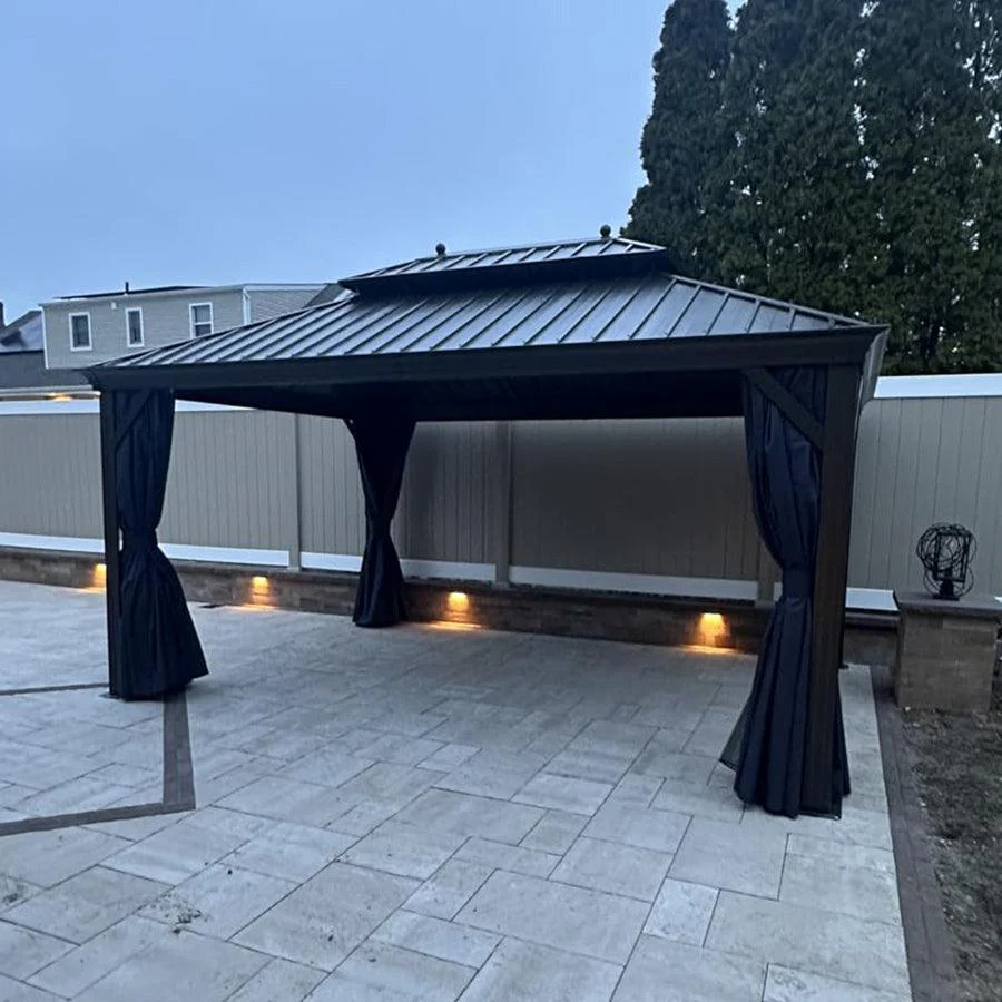 PURPLE LEAF Outdoor Hardtop Gazebo for Patio Bronze Aluminum Frame Pavilion with Navy-Blue Curtain and String Lights-milky - Image 117