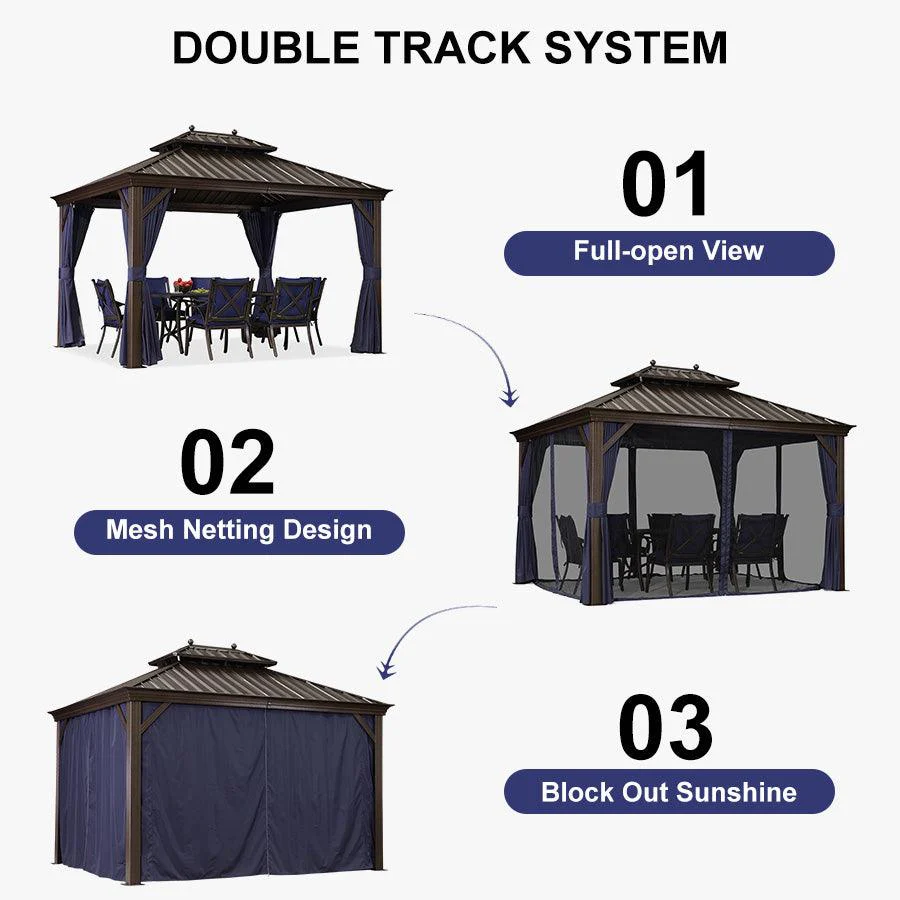 PURPLE LEAF Outdoor Hardtop Gazebo for Patio Bronze Aluminum Frame Pavilion with Navy-Blue Curtain and String Lights-milky - Image 93