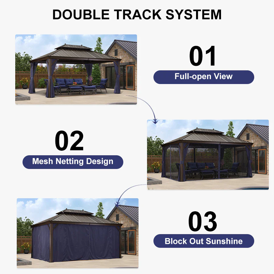 PURPLE LEAF Outdoor Hardtop Gazebo for Patio Bronze Aluminum Frame Pavilion with Navy-Blue Curtain and String Lights-milky - Image 94