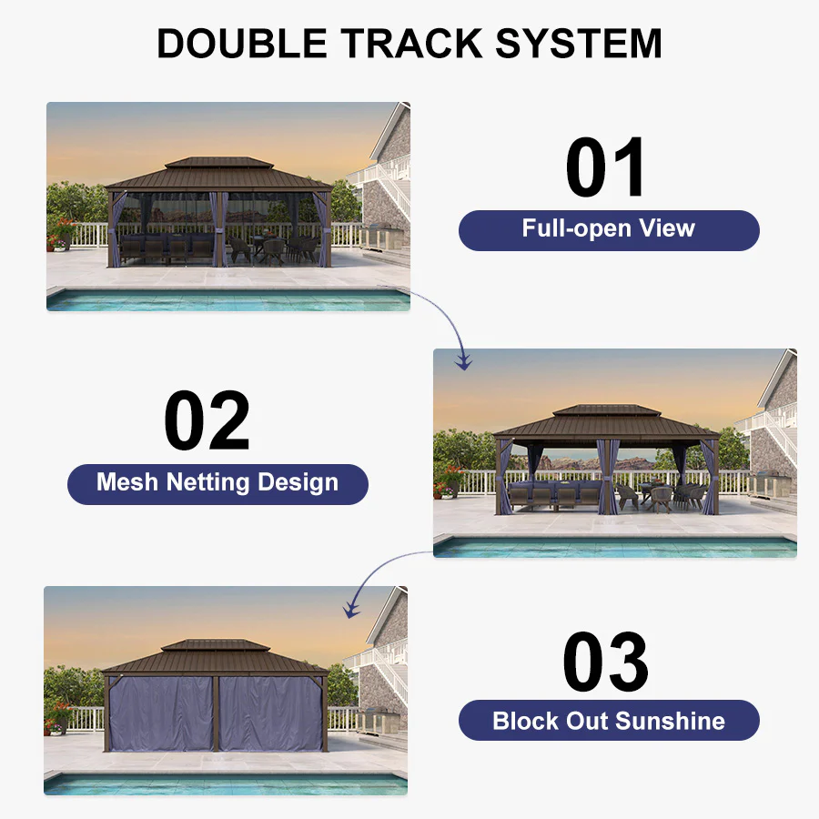 PURPLE LEAF Outdoor Hardtop Gazebo for Patio Bronze Aluminum Frame Pavilion with Navy-Blue Curtain and String Lights-milky - Image 98