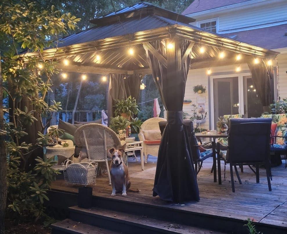 PURPLE LEAF Outdoor Hardtop Gazebo for Patio Bronze Aluminum Frame Pavilion with Navy-Blue Curtain and String Lights-milky - Image 10