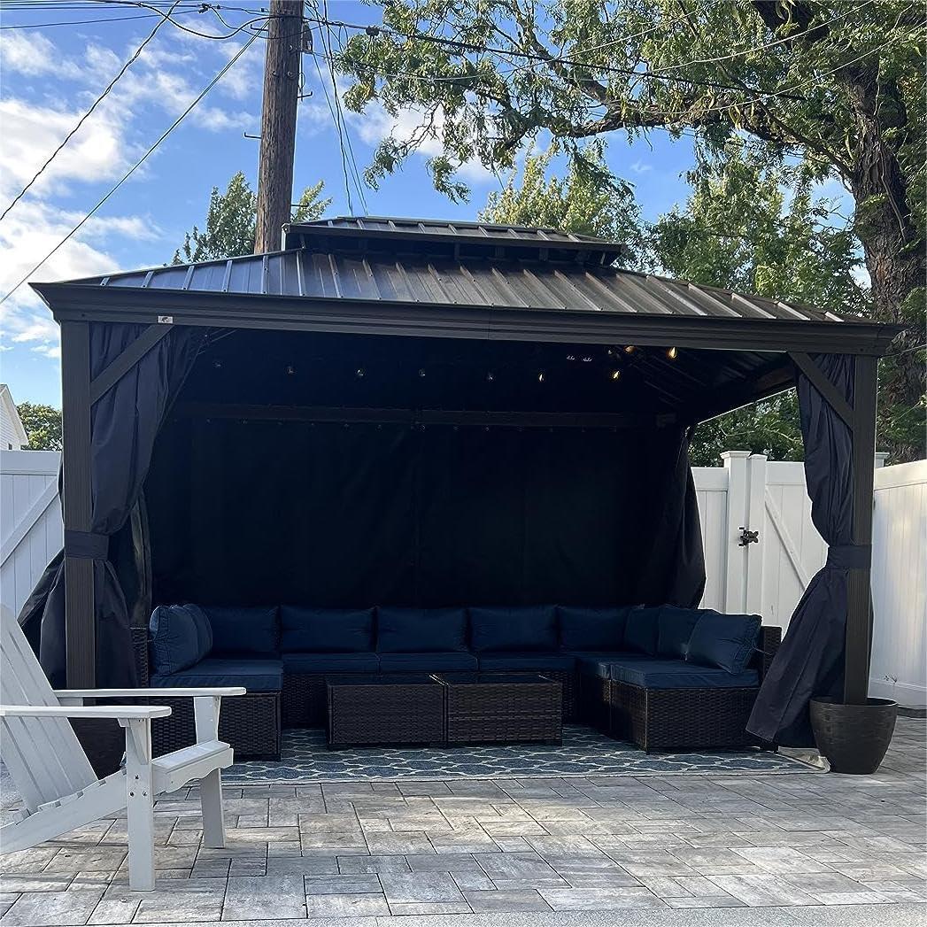 PURPLE LEAF Outdoor Hardtop Gazebo for Patio Bronze Aluminum Frame Pavilion with Navy-Blue Curtain and String Lights-milky - Image 18