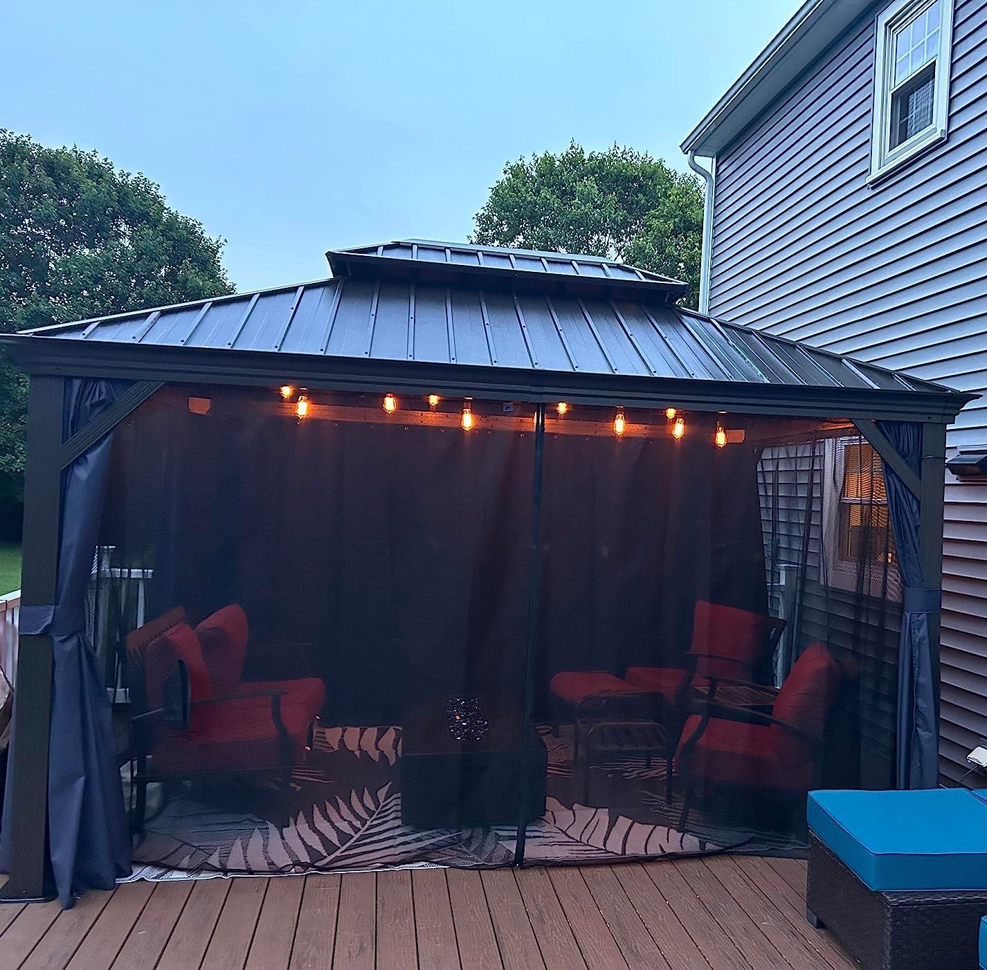 PURPLE LEAF Outdoor Hardtop Gazebo for Patio Bronze Aluminum Frame Pavilion with Navy-Blue Curtain and String Lights-milky - Image 20