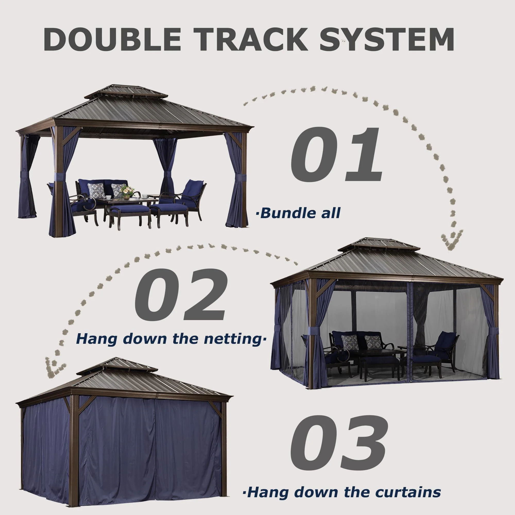 PURPLE LEAF Outdoor Hardtop Gazebo for Patio Bronze Aluminum Frame Pavilion with Navy-Blue Curtain and String Lights-milky - Image 24