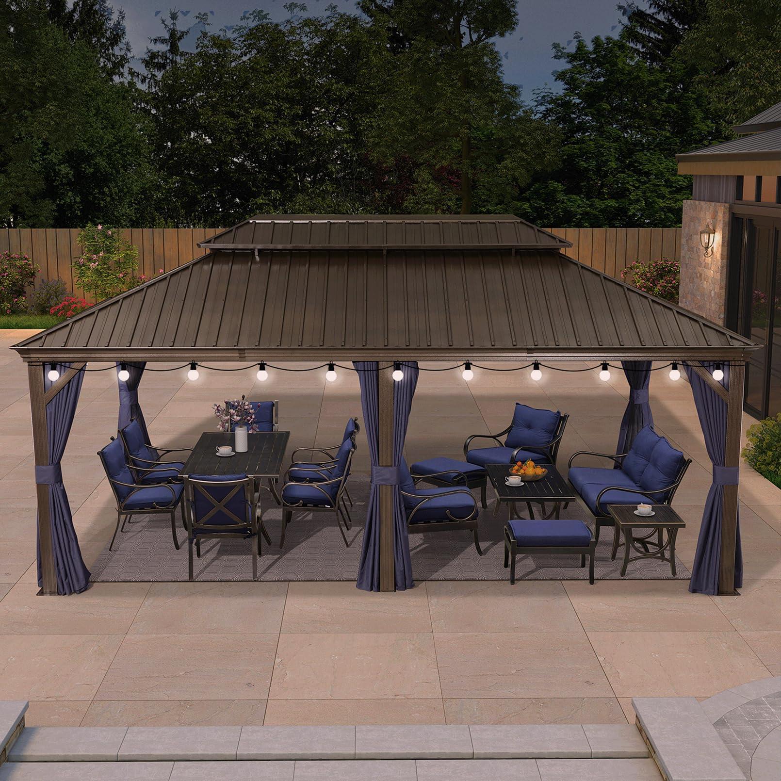 PURPLE LEAF Outdoor Hardtop Gazebo for Patio Bronze Aluminum Frame Pavilion with Navy-Blue Curtain and String Lights-milky - Image 25