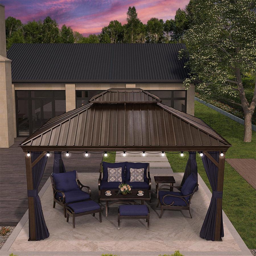 PURPLE LEAF Outdoor Hardtop Gazebo for Patio Bronze Aluminum Frame Pavilion with Navy-Blue Curtain and String Lights-milky - Image 32