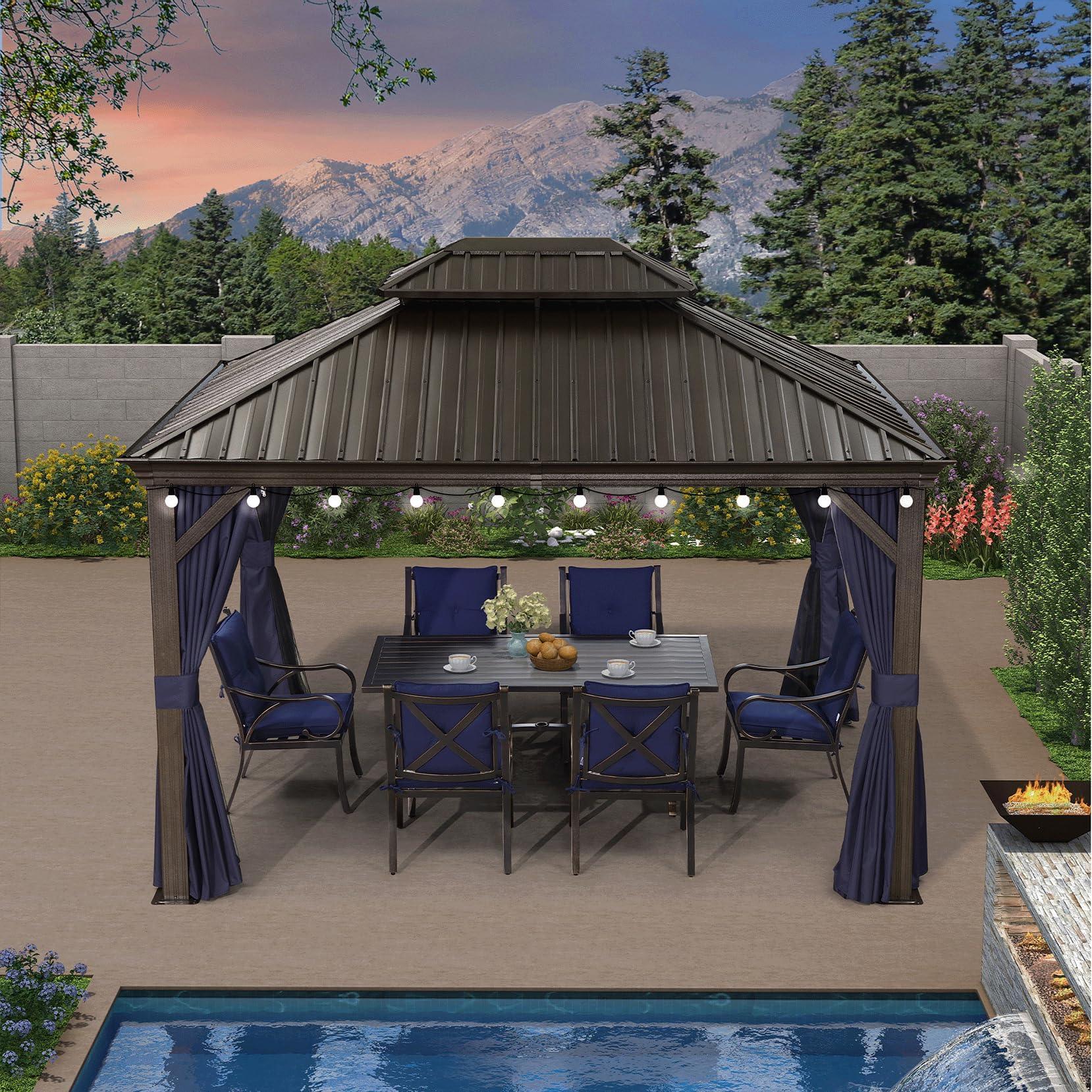 PURPLE LEAF Outdoor Hardtop Gazebo for Patio Bronze Aluminum Frame Pavilion with Navy-Blue Curtain and String Lights-milky - Image 3