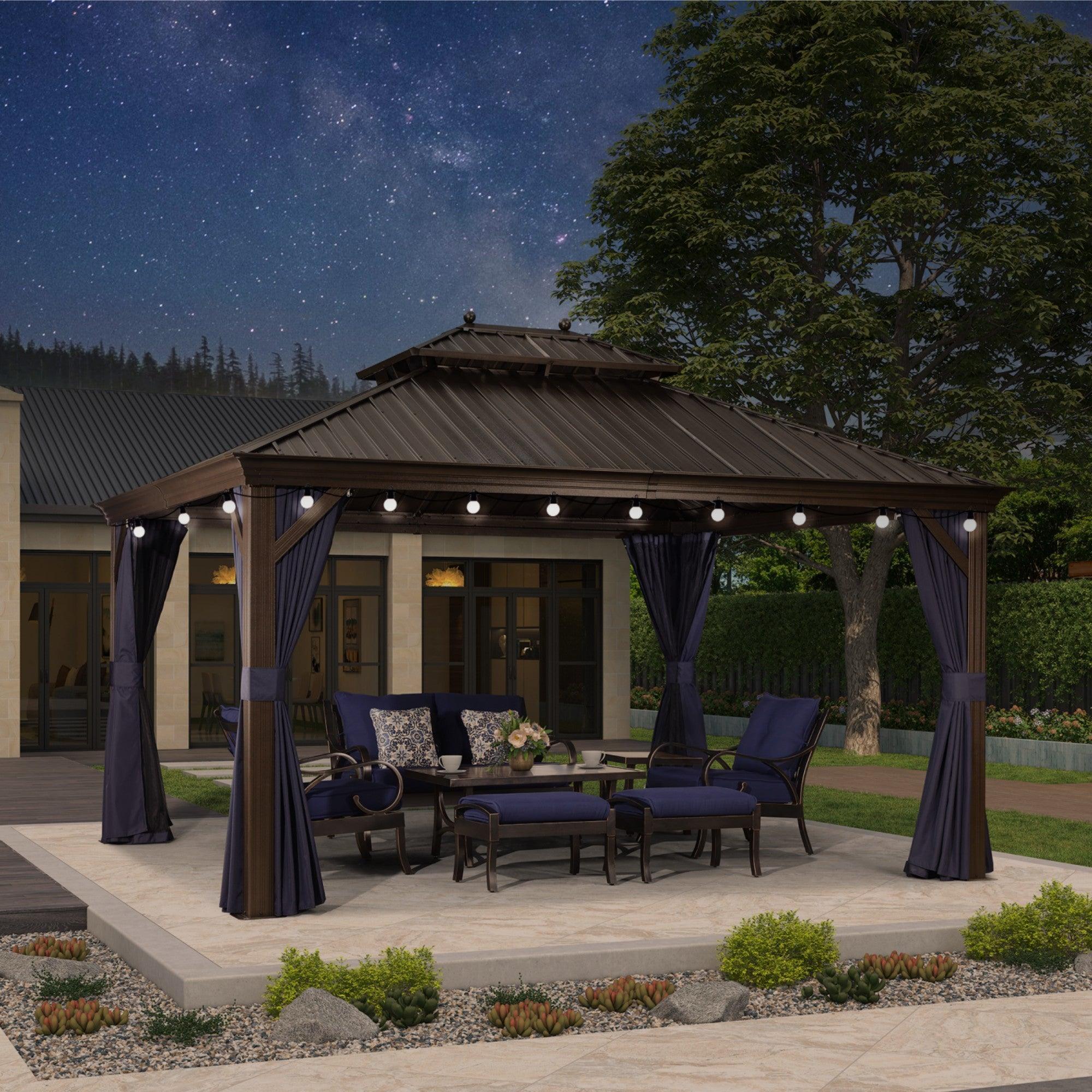 PURPLE LEAF Outdoor Hardtop Gazebo for Patio Bronze Aluminum Frame Pavilion with Navy-Blue Curtain and String Lights-milky - Image 40
