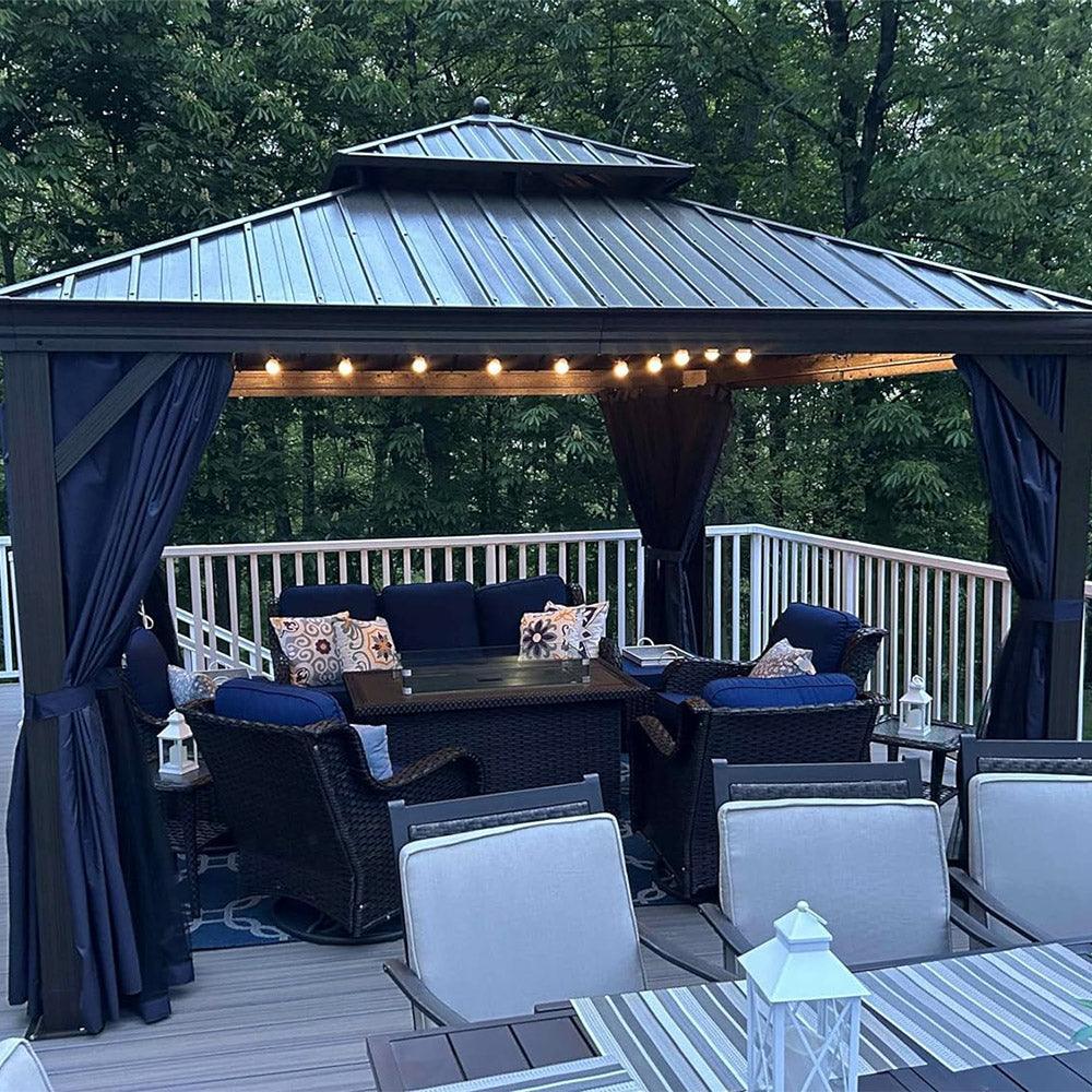 PURPLE LEAF Outdoor Hardtop Gazebo for Patio Bronze Aluminum Frame Pavilion with Navy-Blue Curtain and String Lights-milky - Image 42