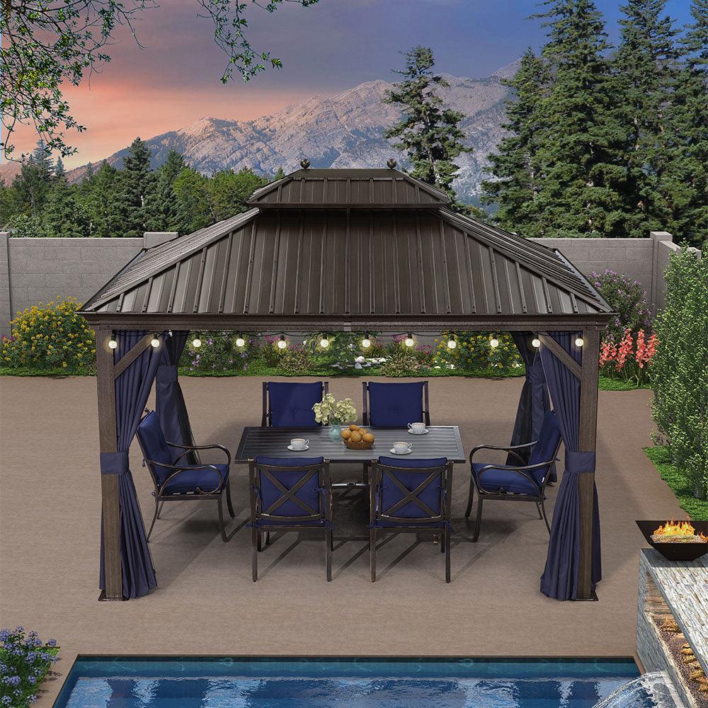 PURPLE LEAF Outdoor Hardtop Gazebo for Patio Bronze Aluminum Frame Pavilion with Navy-Blue Curtain and String Lights-milky - Image 44