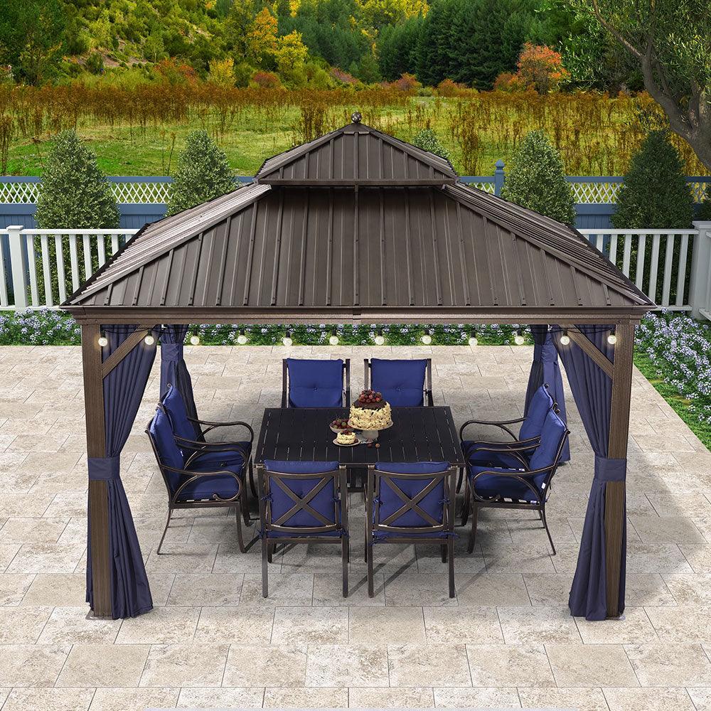 PURPLE LEAF Outdoor Hardtop Gazebo for Patio Bronze Aluminum Frame Pavilion with Navy-Blue Curtain and String Lights-milky - Image 45