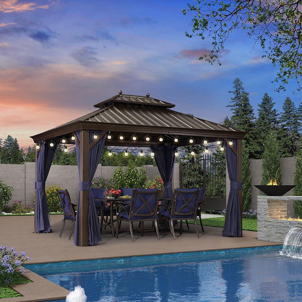 PURPLE LEAF Outdoor Hardtop Gazebo for Patio Bronze Aluminum Frame Pavilion with Navy-Blue Curtain and String Lights-milky - Image 47