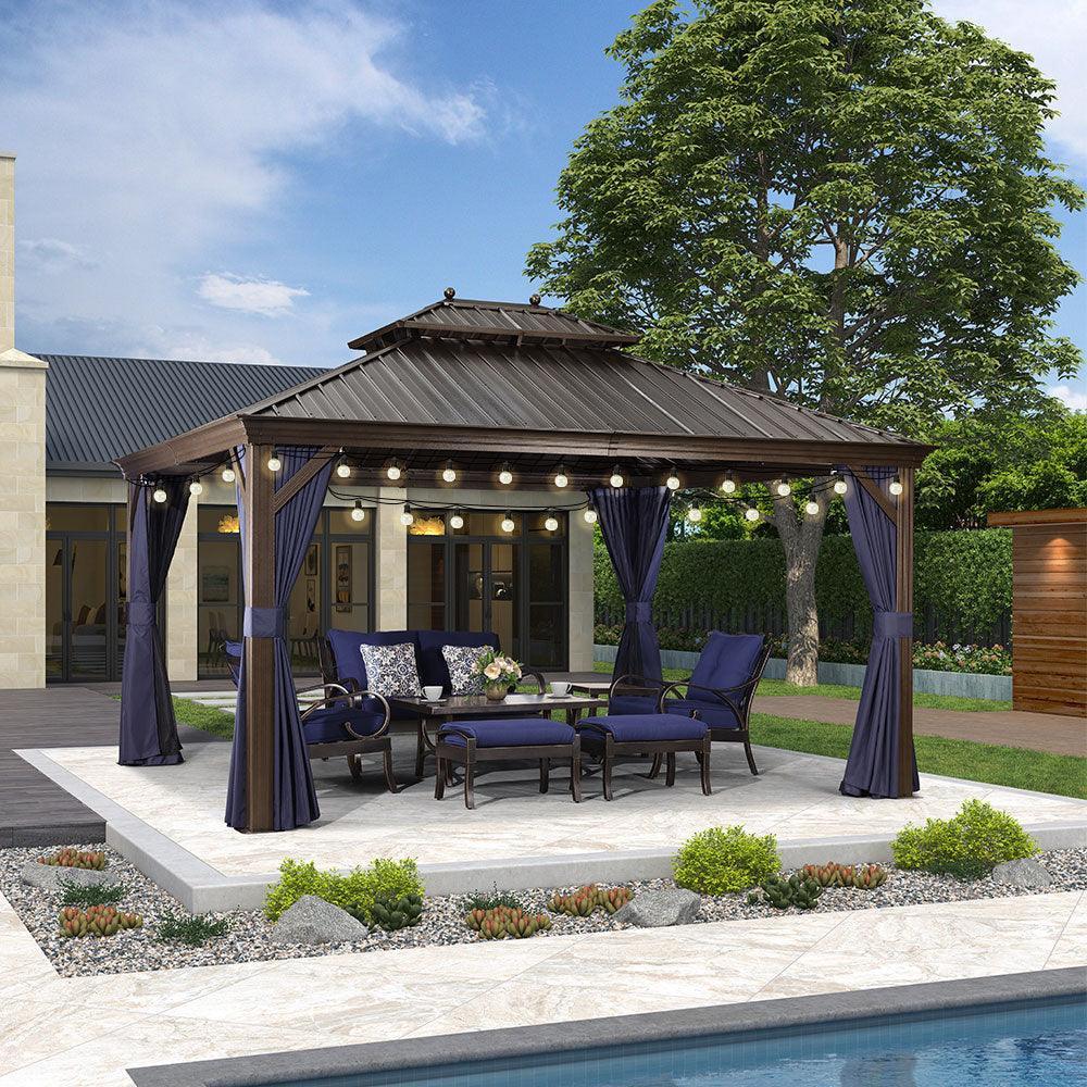 PURPLE LEAF Outdoor Hardtop Gazebo for Patio Bronze Aluminum Frame Pavilion with Navy-Blue Curtain and String Lights-milky - Image 50