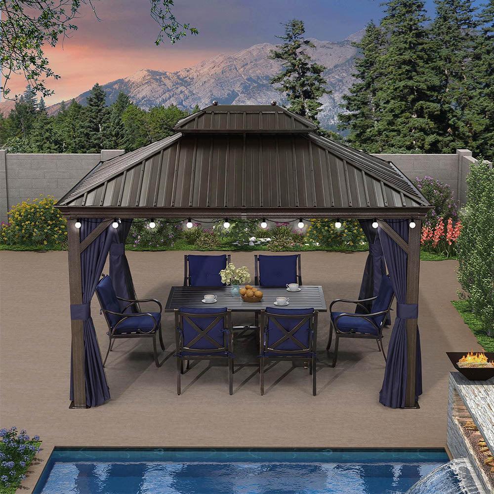 PURPLE LEAF Outdoor Hardtop Gazebo for Patio Bronze Aluminum Frame Pavilion with Navy-Blue Curtain and String Lights-milky - Image 52