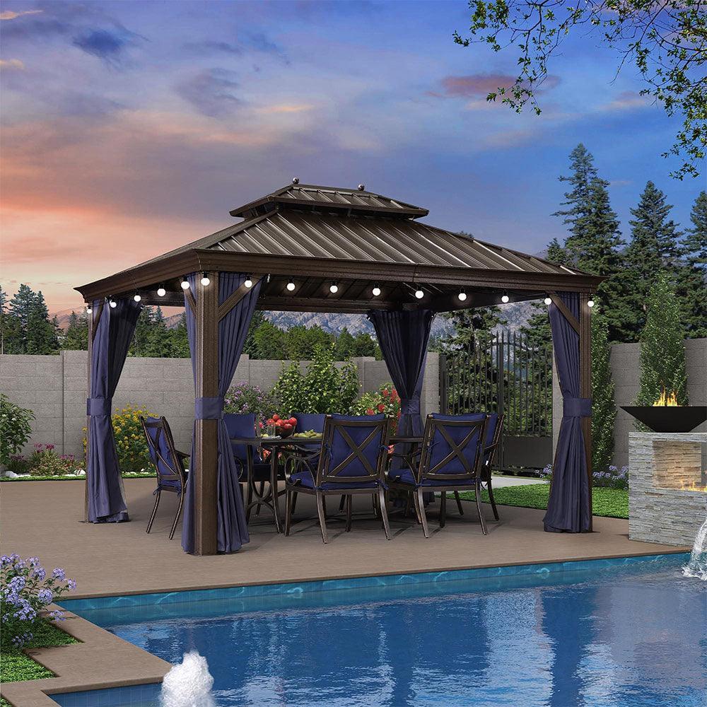 PURPLE LEAF Outdoor Hardtop Gazebo for Patio Bronze Aluminum Frame Pavilion with Navy-Blue Curtain and String Lights-milky - Image 53