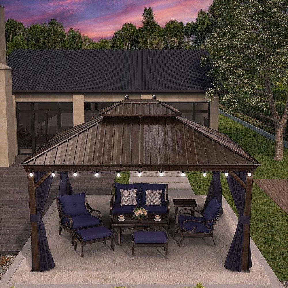 PURPLE LEAF Outdoor Hardtop Gazebo for Patio Bronze Aluminum Frame Pavilion with Navy-Blue Curtain and String Lights-milky - Image 54