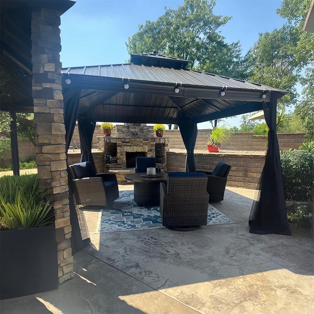 PURPLE LEAF Outdoor Hardtop Gazebo for Patio Bronze Aluminum Frame Pavilion with Navy-Blue Curtain and String Lights-milky - Image 57