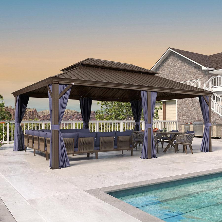PURPLE LEAF Outdoor Hardtop Gazebo for Patio Bronze Aluminum Frame Pavilion with Navy-Blue Curtain and String Lights-milky - Image 60