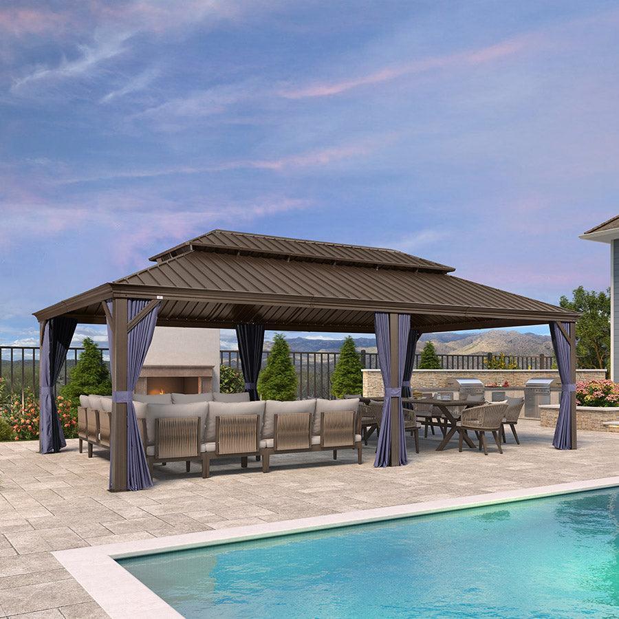 PURPLE LEAF Outdoor Hardtop Gazebo for Patio Bronze Aluminum Frame Pavilion with Navy-Blue Curtain and String Lights-milky - Image 63