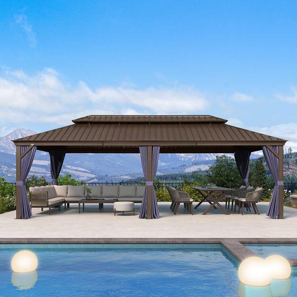 PURPLE LEAF Outdoor Hardtop Gazebo for Patio Bronze Aluminum Frame Pavilion with Navy-Blue Curtain and String Lights-milky - Image 64