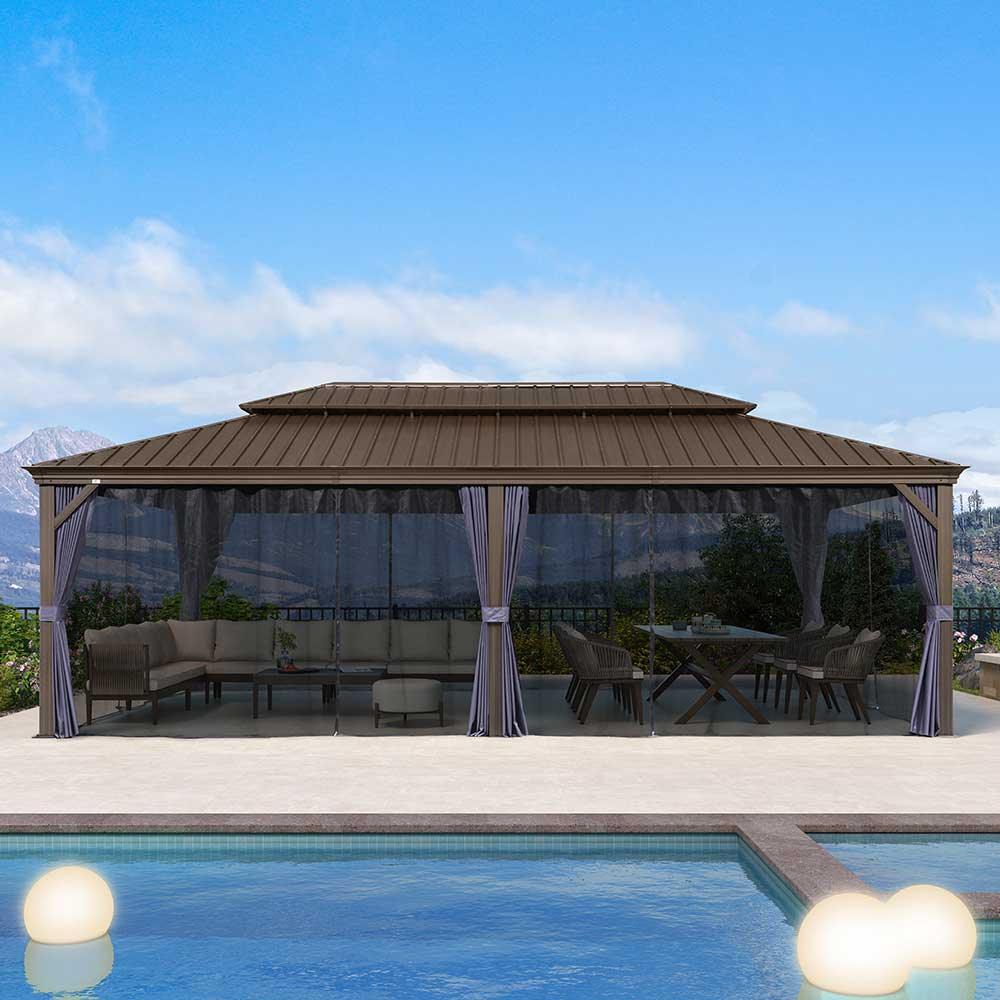 PURPLE LEAF Outdoor Hardtop Gazebo for Patio Bronze Aluminum Frame Pavilion with Navy-Blue Curtain and String Lights-milky - Image 65