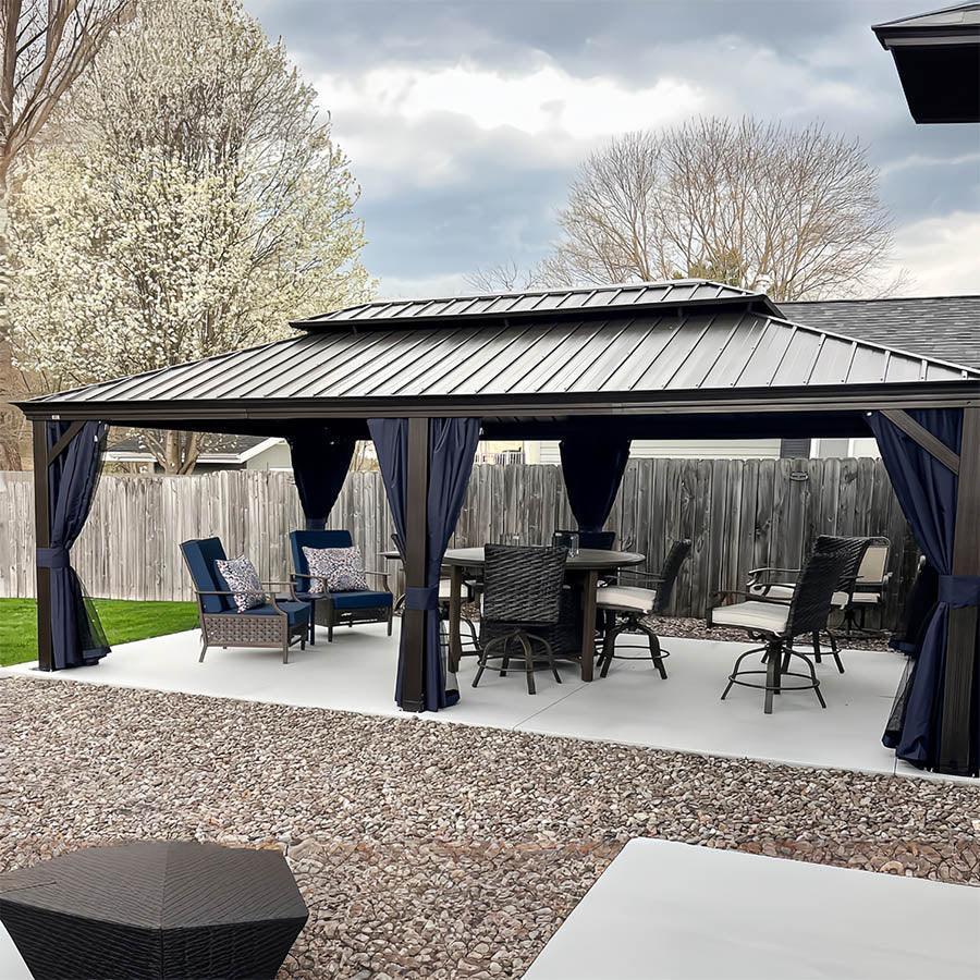 PURPLE LEAF Outdoor Hardtop Gazebo for Patio Bronze Aluminum Frame Pavilion with Navy-Blue Curtain and String Lights-milky - Image 68