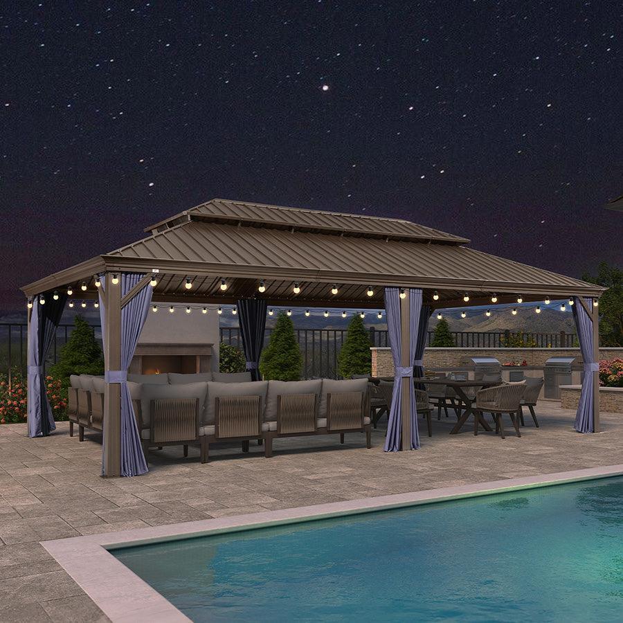 PURPLE LEAF Outdoor Hardtop Gazebo for Patio Bronze Aluminum Frame Pavilion with Navy-Blue Curtain and String Lights-milky - Image 69