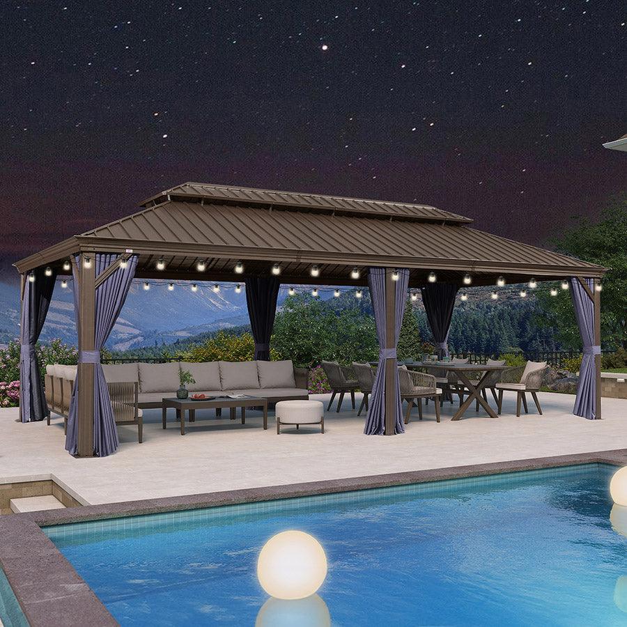 PURPLE LEAF Outdoor Hardtop Gazebo for Patio Bronze Aluminum Frame Pavilion with Navy-Blue Curtain and String Lights-milky - Image 70