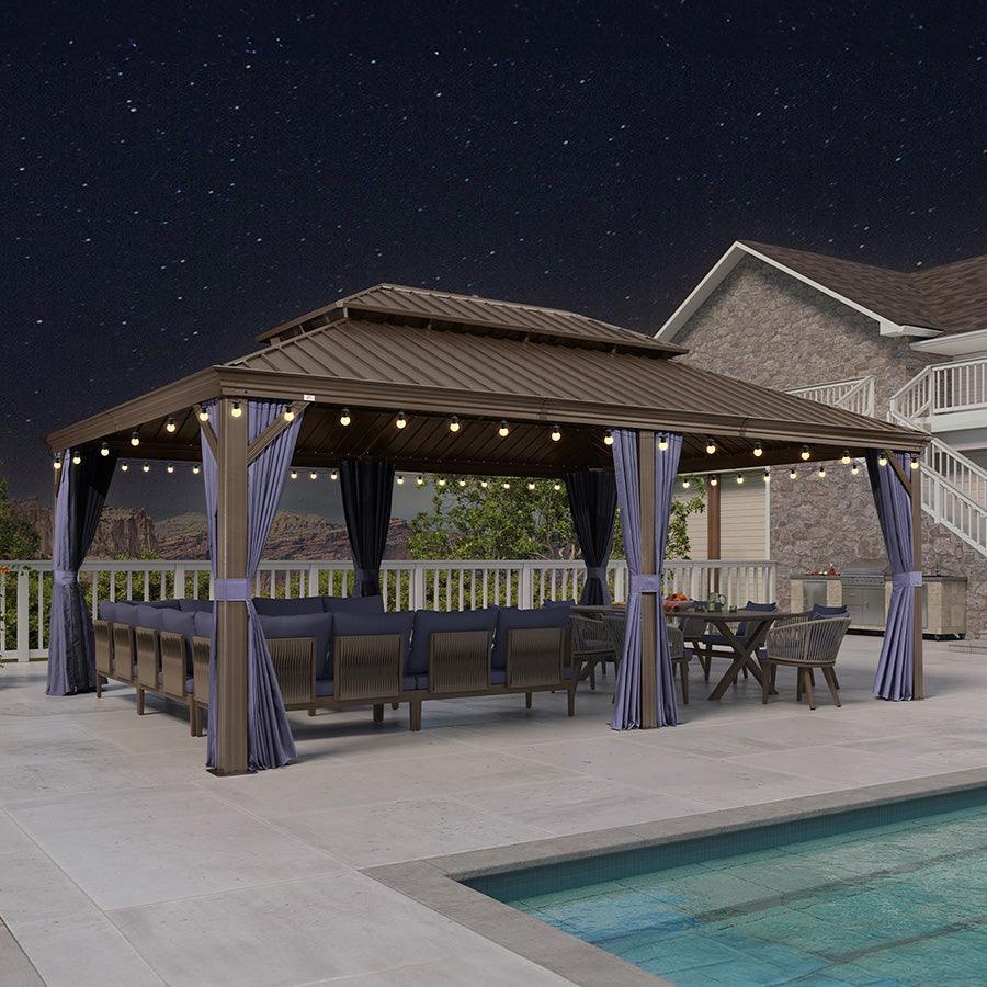 PURPLE LEAF Outdoor Hardtop Gazebo for Patio Bronze Aluminum Frame Pavilion with Navy-Blue Curtain and String Lights-milky - Image 71