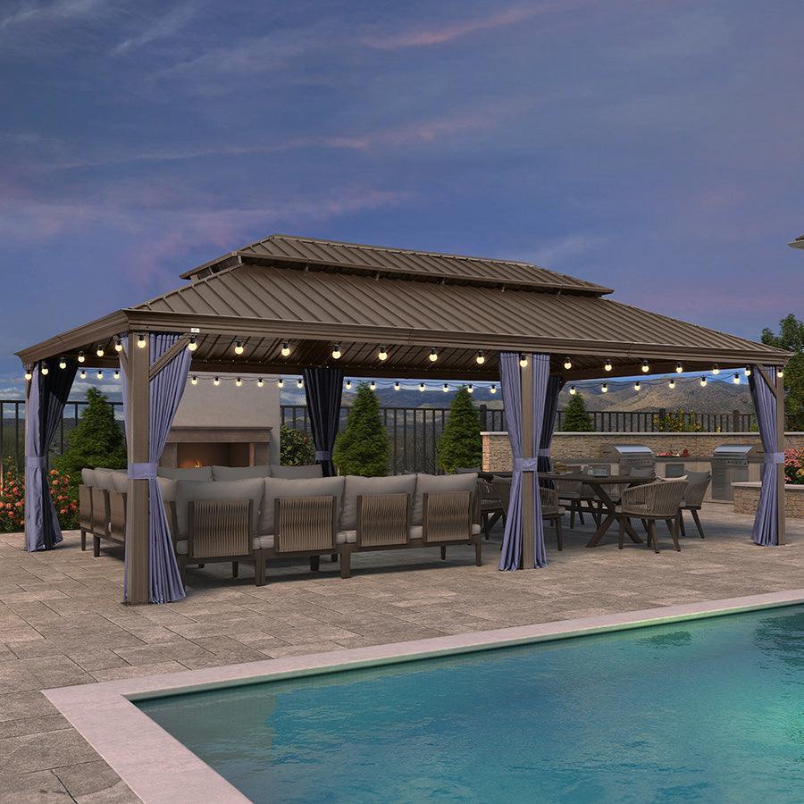 PURPLE LEAF Outdoor Hardtop Gazebo for Patio Bronze Aluminum Frame Pavilion with Navy-Blue Curtain and String Lights-milky - Image 72