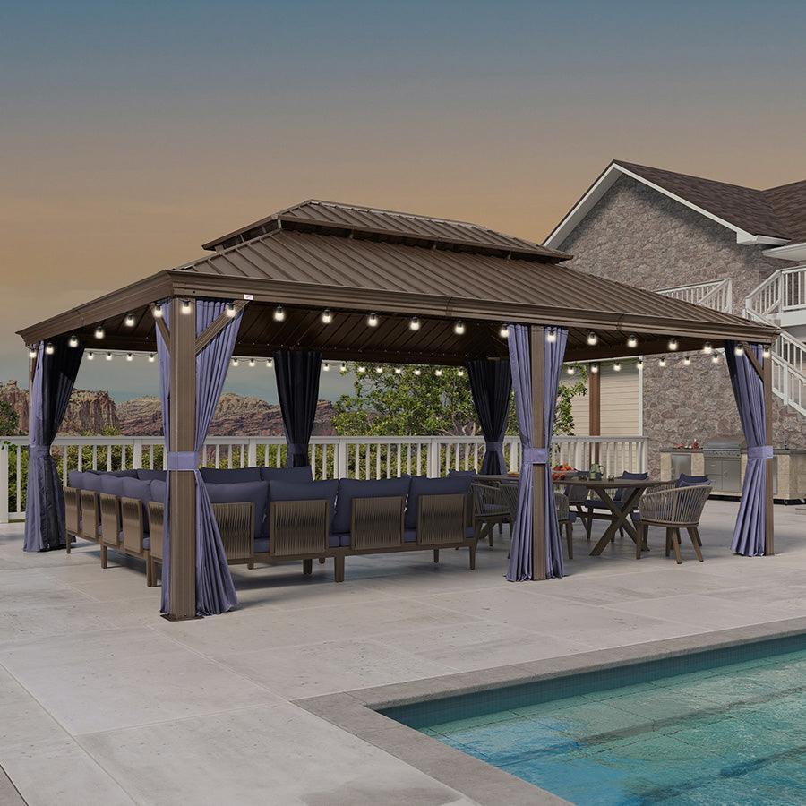 PURPLE LEAF Outdoor Hardtop Gazebo for Patio Bronze Aluminum Frame Pavilion with Navy-Blue Curtain and String Lights-milky - Image 73