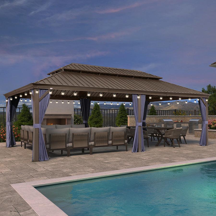 PURPLE LEAF Outdoor Hardtop Gazebo for Patio Bronze Aluminum Frame Pavilion with Navy-Blue Curtain and String Lights-milky - Image 74
