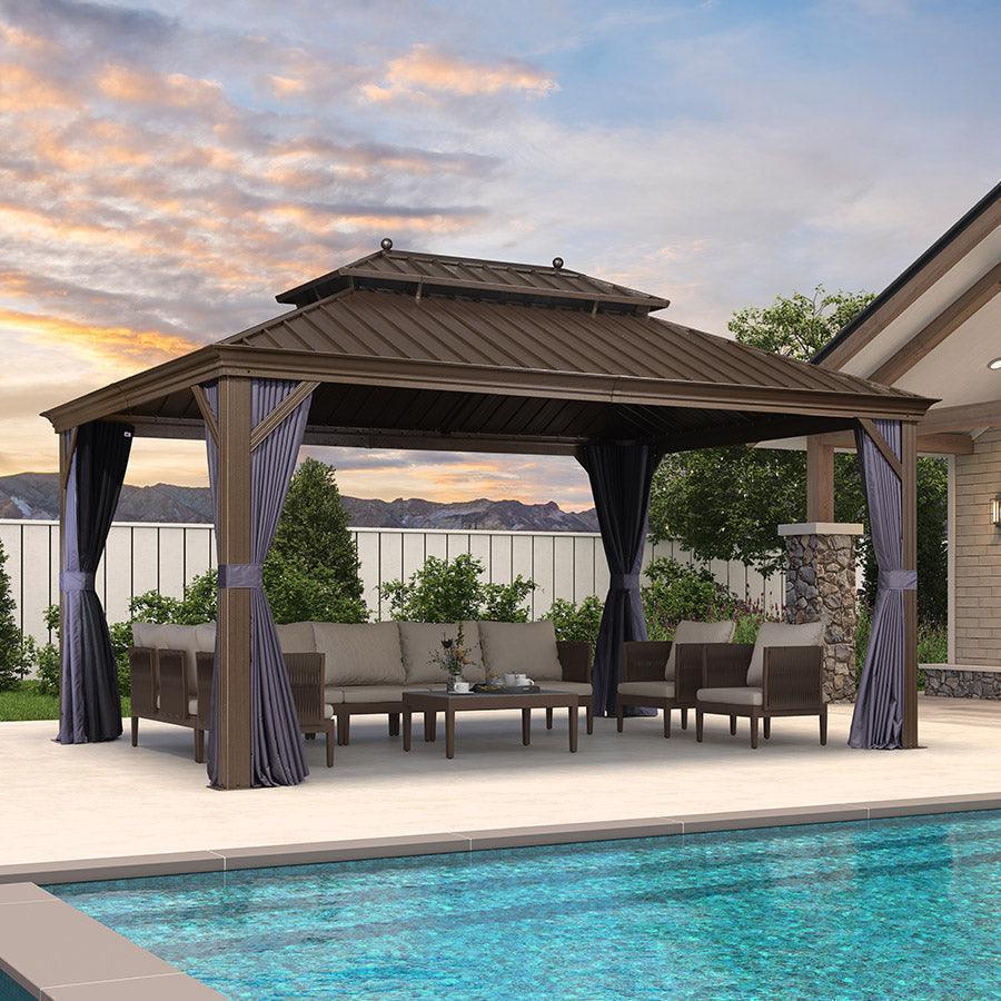 PURPLE LEAF Outdoor Hardtop Gazebo for Patio Bronze Aluminum Frame Pavilion with Navy-Blue Curtain and String Lights-milky - Image 76