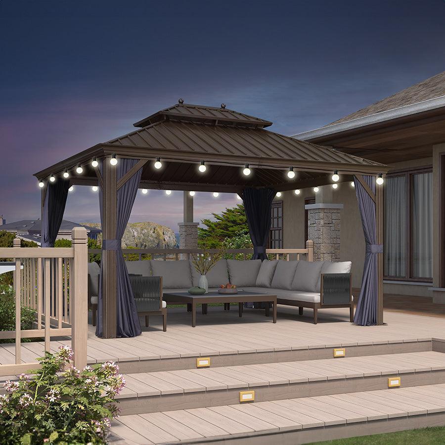 PURPLE LEAF Outdoor Hardtop Gazebo for Patio Bronze Aluminum Frame Pavilion with Navy-Blue Curtain and String Lights-milky - Image 79