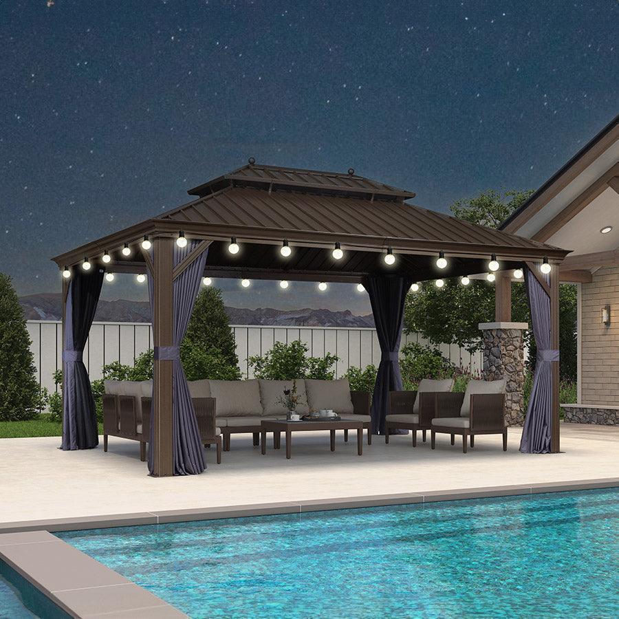 PURPLE LEAF Outdoor Hardtop Gazebo for Patio Bronze Aluminum Frame Pavilion with Navy-Blue Curtain and String Lights-milky - Image 81