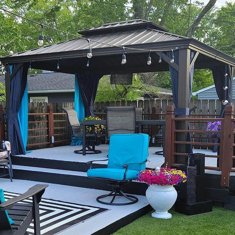 PURPLE LEAF Outdoor Hardtop Gazebo for Patio Bronze Aluminum Frame Pavilion with Navy-Blue Curtain and String Lights-milky - Image 84