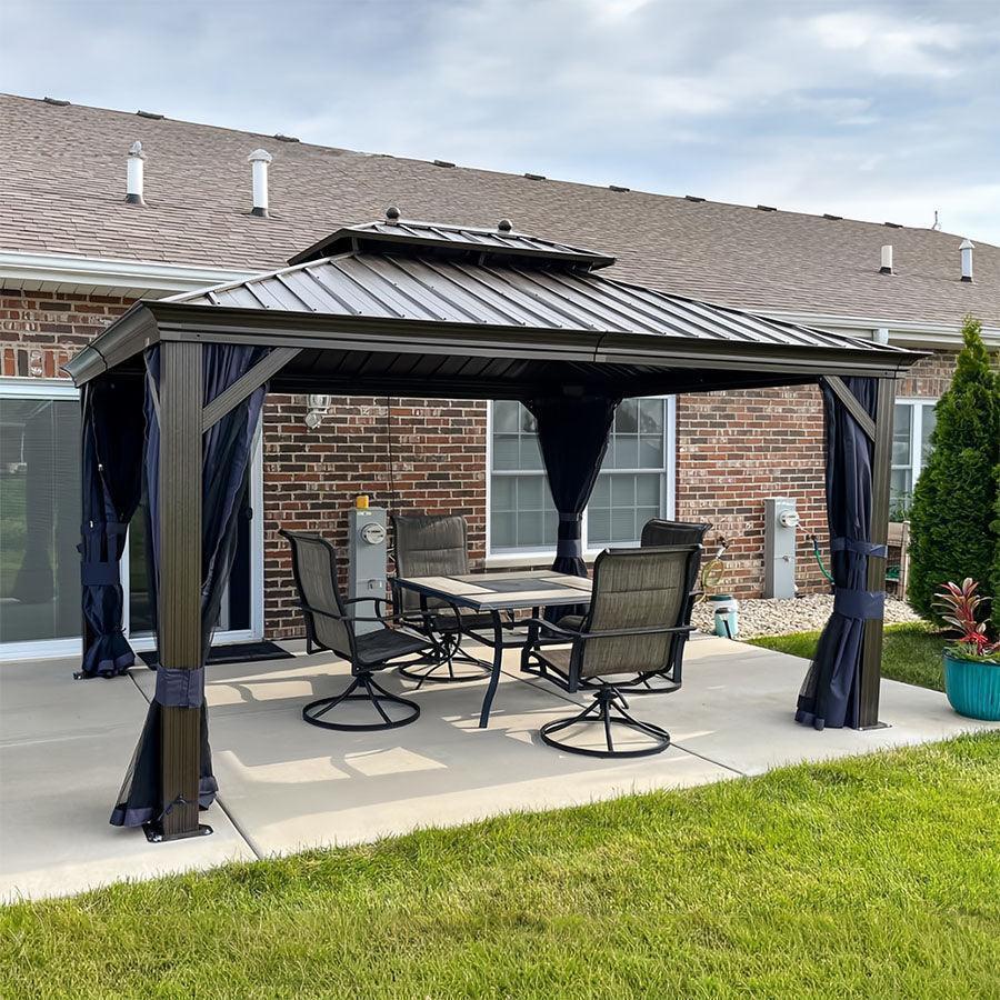 PURPLE LEAF Outdoor Hardtop Gazebo for Patio Bronze Aluminum Frame Pavilion with Navy-Blue Curtain and String Lights-milky - Image 86