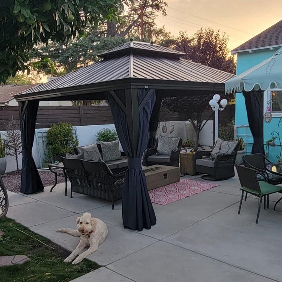 PURPLE LEAF Outdoor Hardtop Gazebo for Patio Bronze Aluminum Frame Pavilion with Navy-Blue Curtain and String Lights-milky - Image 88