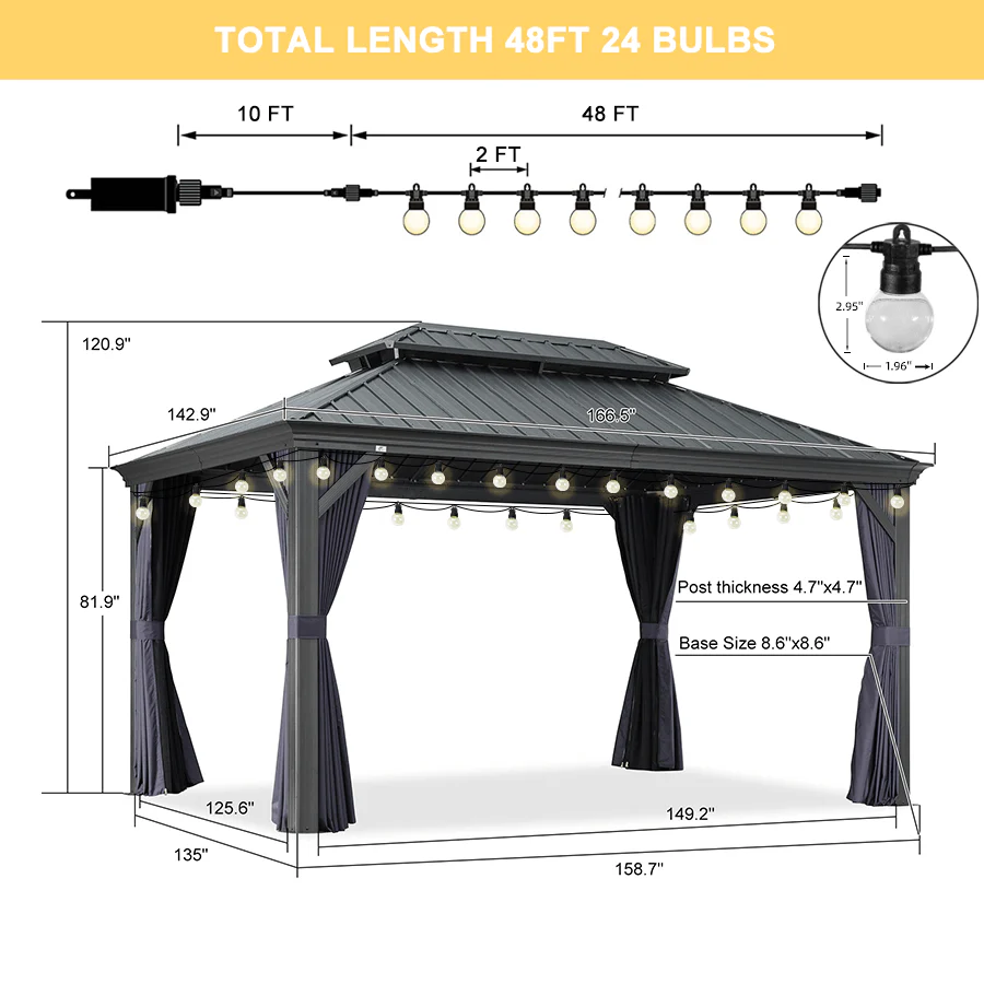 PURPLE LEAF Outdoor Hardtop Gazebo for Patio Grey Aluminum Frame Pavilion with Navy-Blue Curtain and String Lights - Image 15