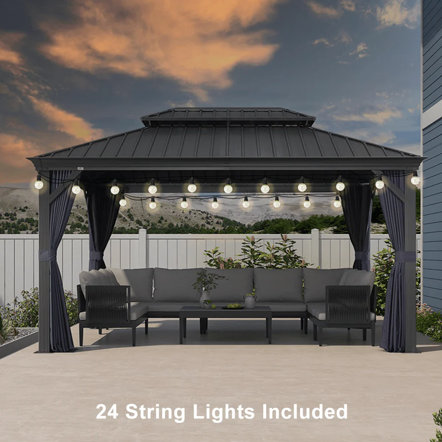 PURPLE LEAF Outdoor Hardtop Gazebo for Patio Grey Aluminum Frame Pavilion with Navy-Blue Curtain and String Lights - Image 16