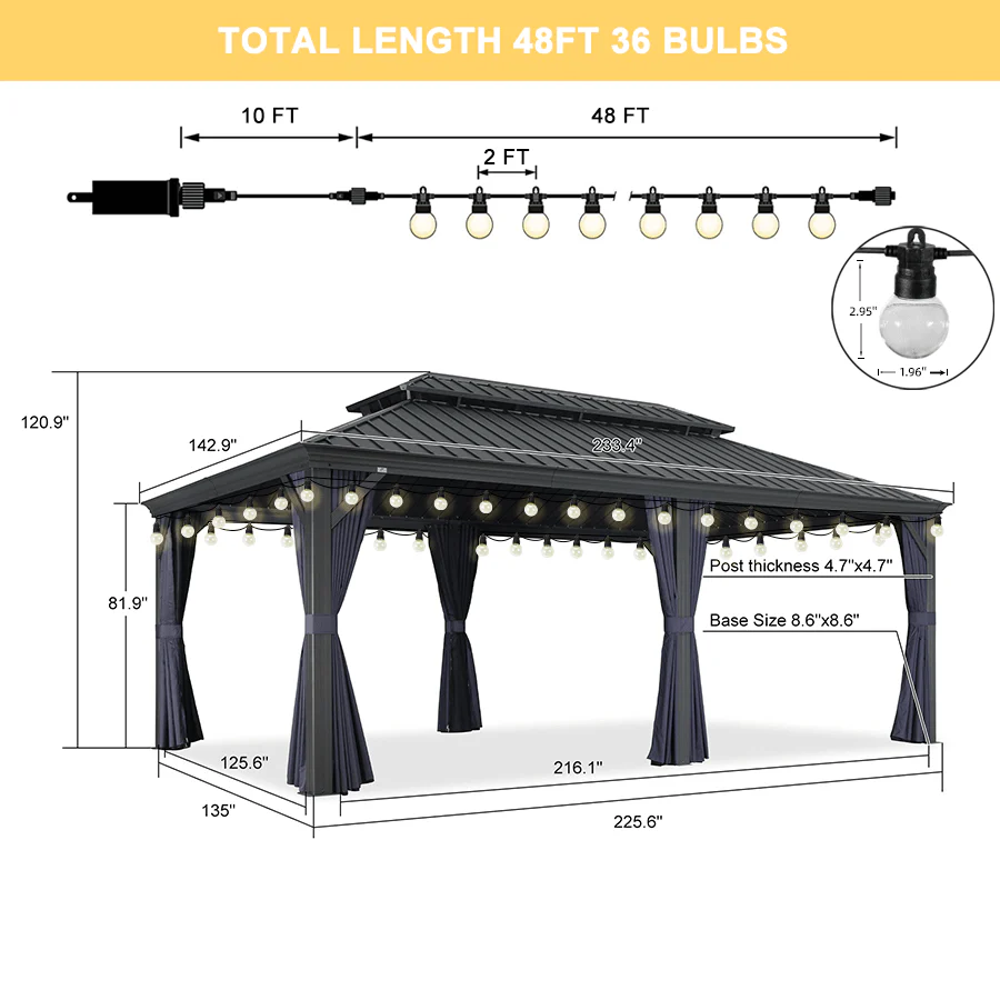 PURPLE LEAF Outdoor Hardtop Gazebo for Patio Grey Aluminum Frame Pavilion with Navy-Blue Curtain and String Lights - Image 17